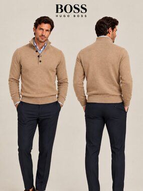 BOSS Hugo Boss Beige 100% Virgin Wool Quarter Zip Button Sweater Size M NWT